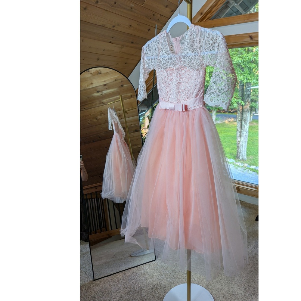 Pink Lace Tulle Flower Girl Dress Kids Size 120 Formal Party Wedding Gown Bow